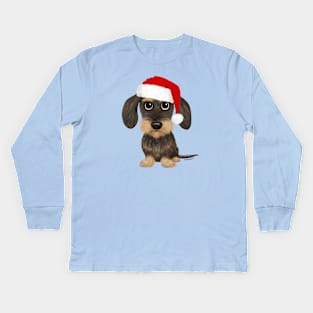 Wirehaired Dachshund with Santa Hat Cute Teckel Christmas Kids Long Sleeve T-Shirt